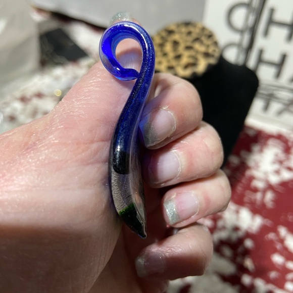 Art Glass Pendant.  Blue, Green, Black, Silverr Tone and Copper Tone - Picture 4 of 5